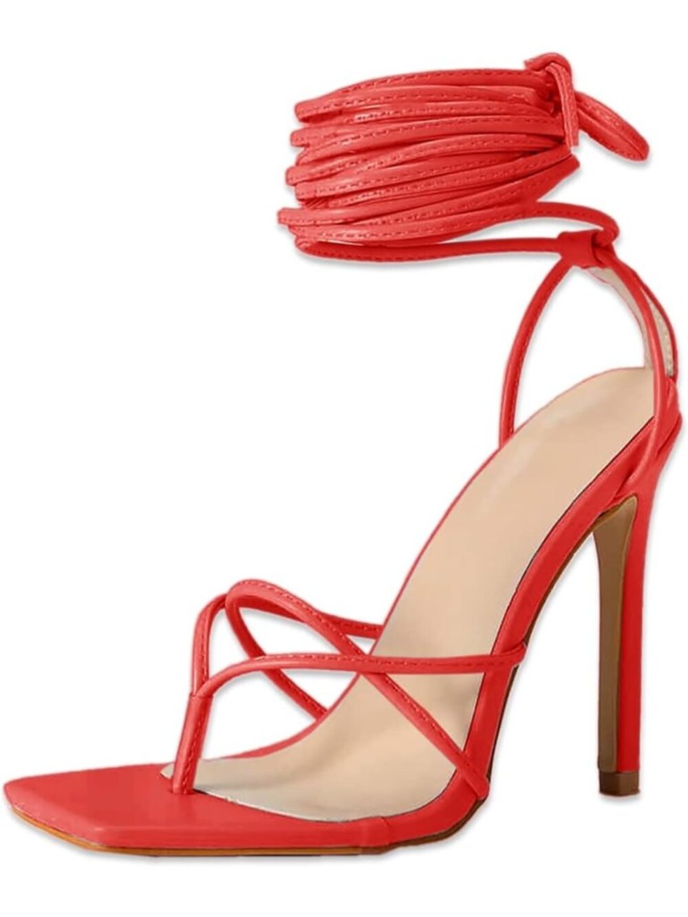 Women's Red Lace Up Heeled Sandals Square Flip Flop High Heels Strappy Shoes